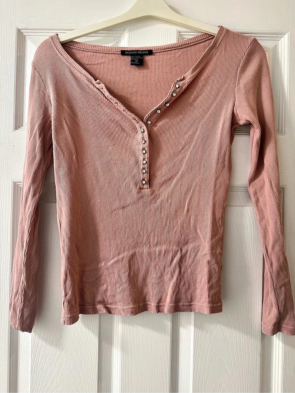 Boston Proper Ribbed Long Sleeve Top in Pink Size XS